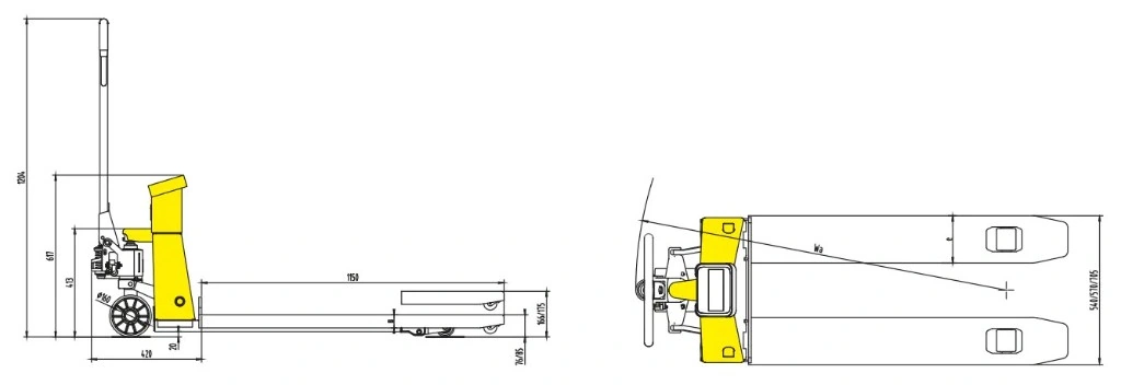 Διαστάσεις παλετοφόρου με ζυγαριά RPVV2500 2500 kg