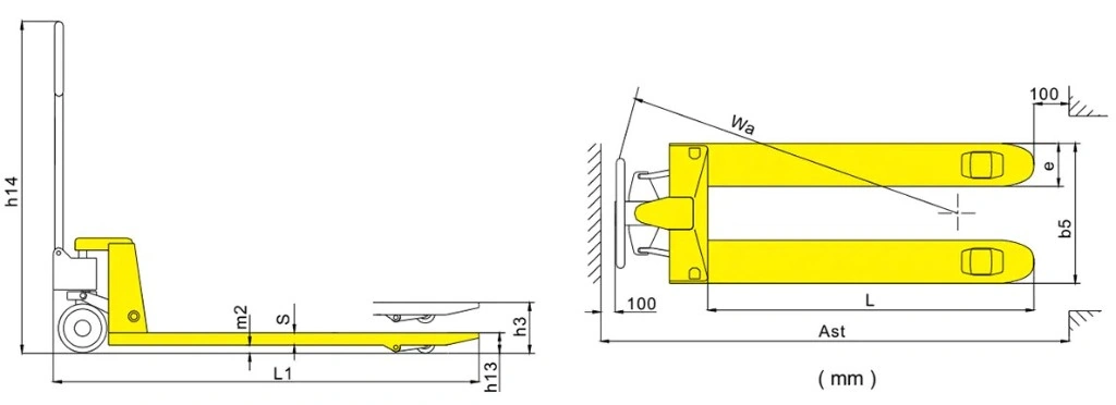 Διαστάσεις χειροκίνητου παλετοφόρου RPV2500STD/RPV3000STD